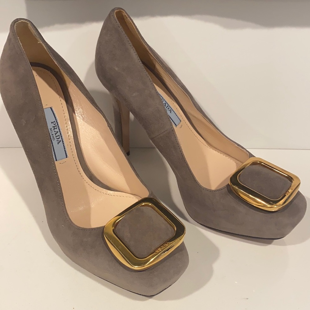 Authentic Prada Suede heels with gold buckle detailing